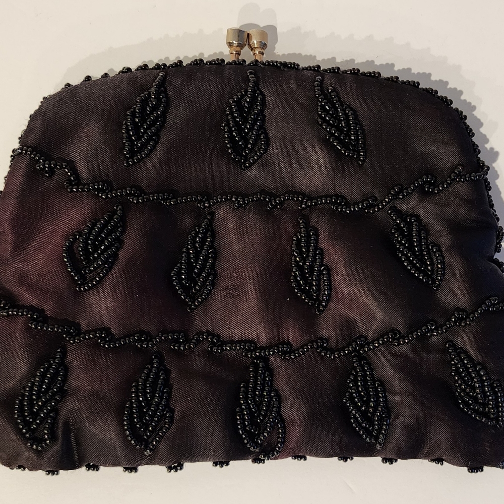 Vintage Black Beaded Leaf Design Evening Bag Clutch Hong Kong